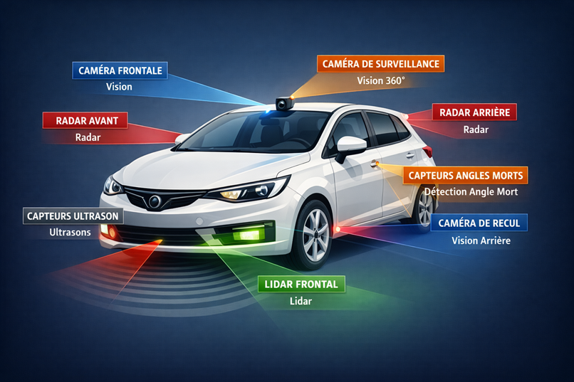 Schéma des capteurs et systèmes ADAS d'un véhicule : caméra frontale, radars, lidar et capteurs ultrasons pour l'assistance au freinage.