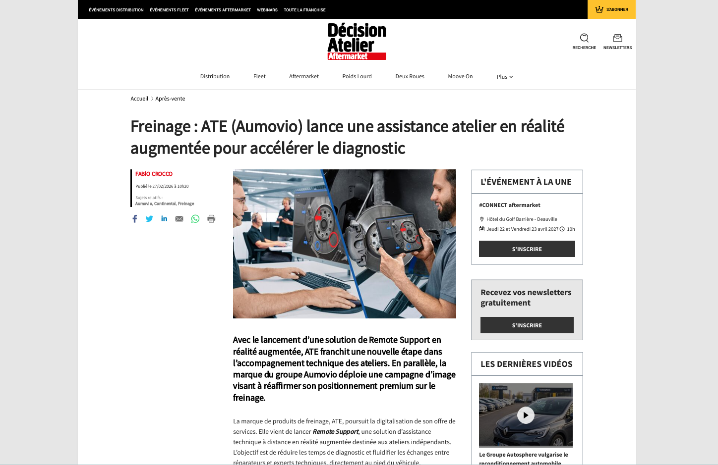 Freinage : ATE (Aumovio) lance une assistance atelier en réalité augmentée pour accélérer le diagnostic